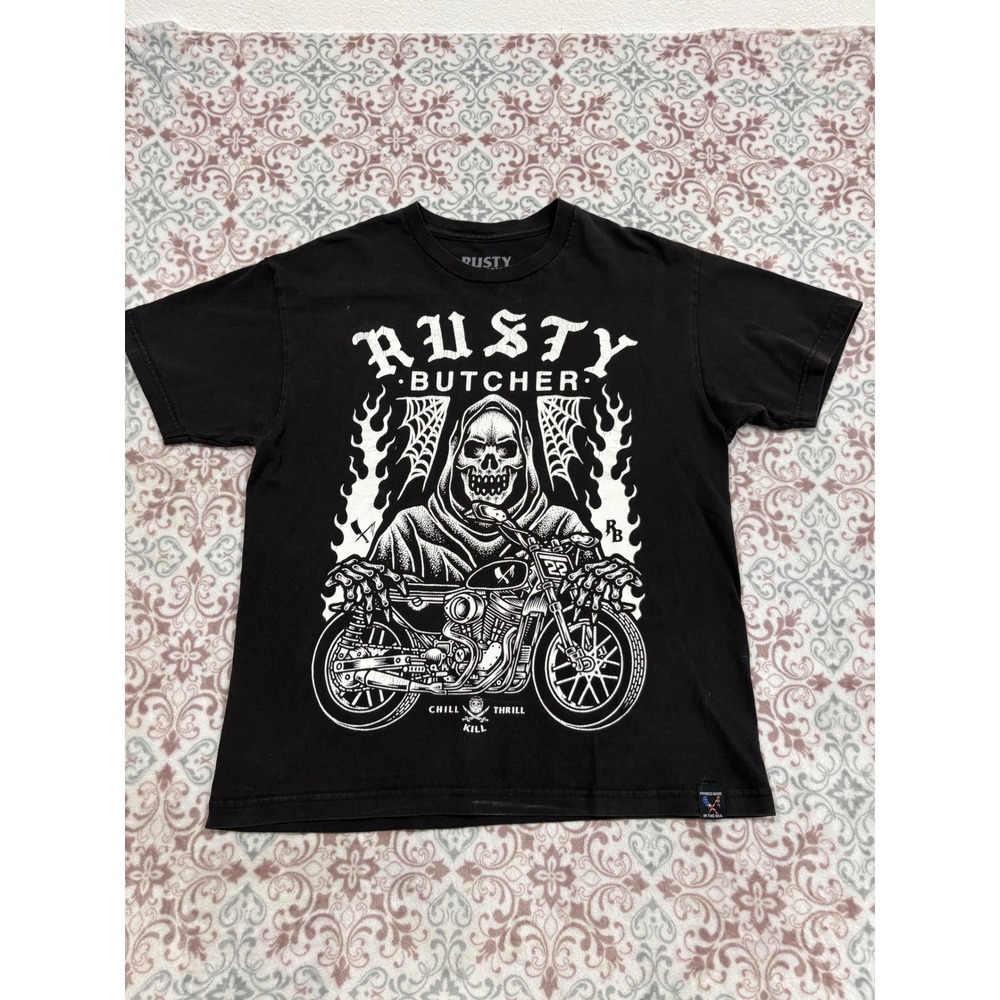 Rusty Butcher Mens Black Grim Reaper Motorcycle Graphic T-Shirt Large Mad in USA
